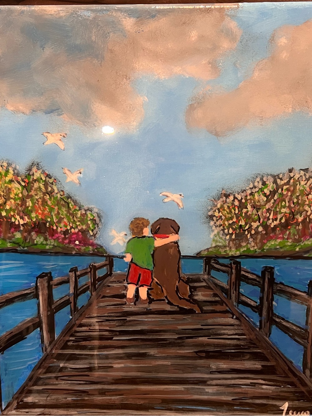 Hand-Painted Nautical Pier Scene with Child and Dog in Blue and Brown
